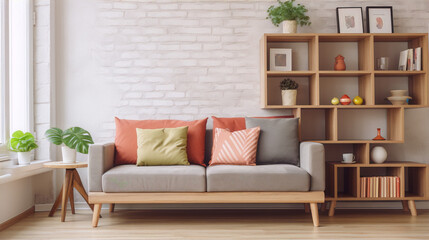 A living room with a gray couch, wooden shelf, plants, and colorful pillows in a modern home interior. - obrazy, fototapety, plakaty