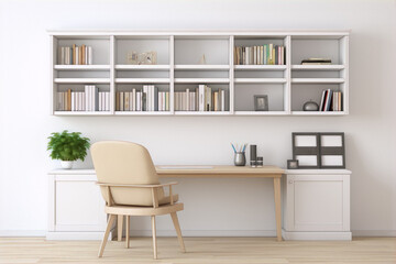 Fototapeta na wymiar 3d rendering of a home office with a large bookshelf, desk, and chair in a modern style with neutral colors.