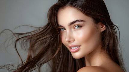 Naklejka premium Model girl with shiny brown smooth healthy hair with long straight and glowing, skin natural beauty smooth skin for Care and hair products