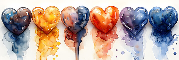 A row of watercolour hearts on a white background,
heart shaped bubble wands adding fun and playfulness to Valentine's Day celebrations

 - obrazy, fototapety, plakaty
