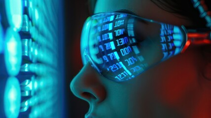 Scientist looking through modern goggles with blue digits on a screen created with Generative AI