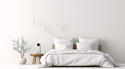 Minimalist bedroom interior with white walls and bedding, wooden furniture and decor.