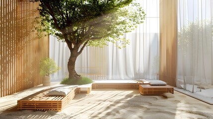 Zen Garden with Sand, Wooden Loungers, and Tranquil Tree