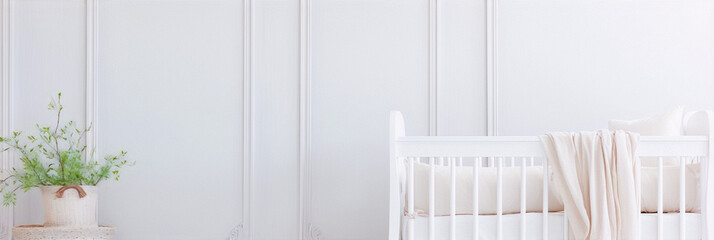 White minimalist nursery with a crib and a plant in a basket - obrazy, fototapety, plakaty