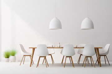 3D rendering of a modern dining room with a wooden table and white chairs in a minimalist style with white walls and pendant lights. - obrazy, fototapety, plakaty