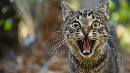 Expressive Tabby Cat with Wide Eyes and Open Mouth in Natural Setting