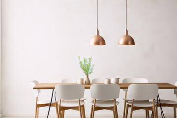 Copper pendant lights over a wood dining table with white chairs in a minimalist dining room.