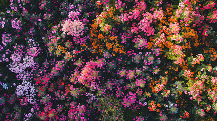 Obraz na płótnie Canvas A vibrant aerial view of a flower field in full bloom.
