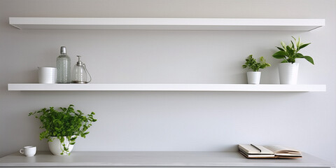 Floating white shelves with plants, books and home accessories.
