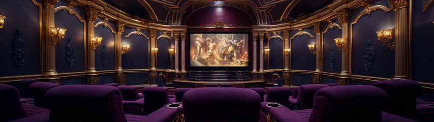 Ornate home theater with purple velvet seats and gold accents in the art deco style. - obrazy, fototapety, plakaty