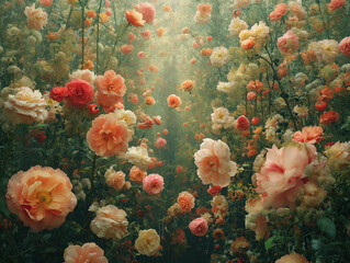 Fototapeta na wymiar Enchanted Rose Garden. Mesmerizing view of blooming roses amidst lush greenery, radiating a magical aura.