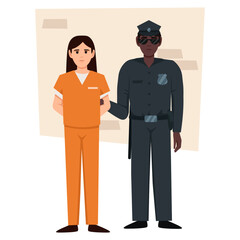 Prisoner in orange uniform. Cope and bandit. Vector flat illustration