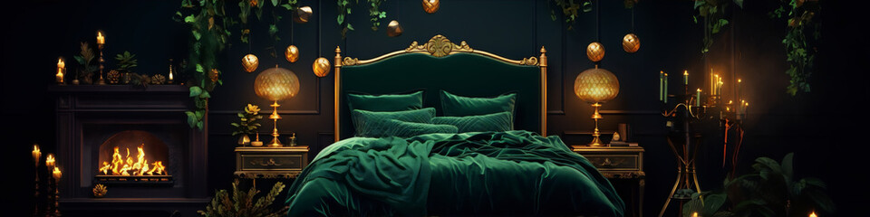 A dark green bedroom with a fireplace, plants, and golden decorations. - obrazy, fototapety, plakaty
