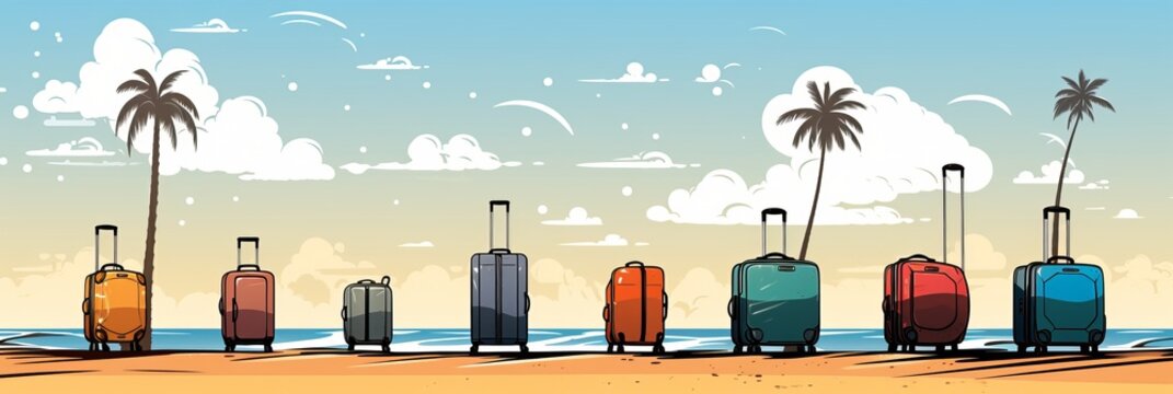 A serene sandy beach with crystal clear blue waters, a picturesque sky with fluffy white clouds, and a row of vibrant suitcases in the foreground. Panoramic banner.