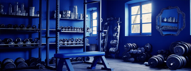 Blue themed home gym interior with weightlifting equipment