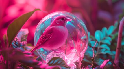 pink bird and glass ball.