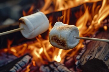 Detail photo of two white marshmallows roasting on a campfire. National Toasted Marshmallow Day concept.
