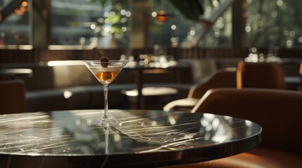 eye level shot, a brown marble table, one third of table sits a dry martini with olive, restaurant background,  