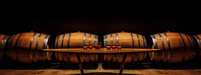 Still life photography of cognac glasses on a wooden table in a dark cellar with oak barrels in the background.