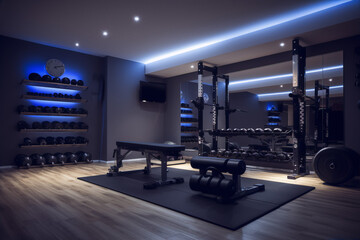 Blue and gray home gym with a rubber floor, weightlifting equipment, and a wall-mounted TV. - obrazy, fototapety, plakaty
