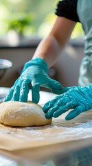 person in light blue gloves making a dough 