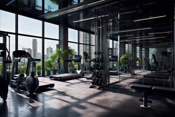 3D rendering of a modern empty gym interior with large windows and city view in the background.