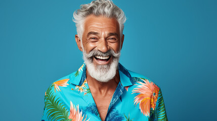 alter stylischer Mann lachend mit guter Laune und positiver Ausstrahlung vor farbigem Hintergrund in 16:9 - obrazy, fototapety, plakaty
