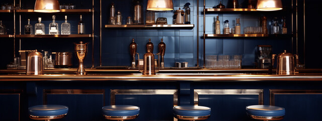 Blue and copper bar interior with shelves, stools and lamps - obrazy, fototapety, plakaty