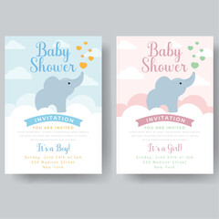 Fototapeta na wymiar Baby shower invitation with cute elephant - editable secondary text.