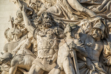 Paris, France - Dec. 28 2022: The decoration sculpture on the Arc de Triomph in Paris