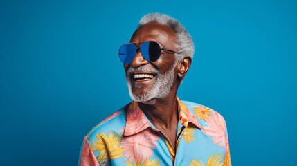 alter stylischer schwarzer Mann lachend mit guter Laune und positiver Ausstrahlung vor farbigem Hintergrund in 16:9 - obrazy, fototapety, plakaty