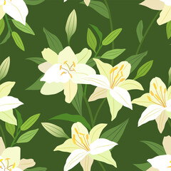 White lily flowers with leaves on a green background. Seamless vector pattern with nice flower.	