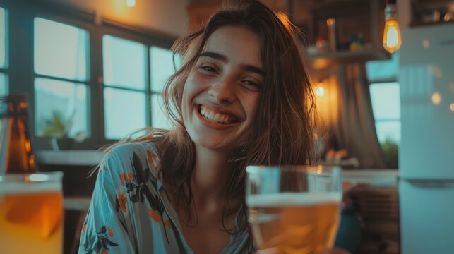 Happy and smiling young woman enjoying drinking Kombucha drink at modern home. Healthy natural probiotic drink. Generative ai