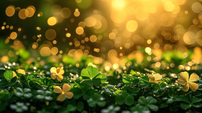 spring advertisment natural nackground with clower leaves, gold coins, bokeh lights and copy space