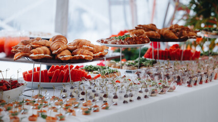 Beautifully decorated catering banquet table with different food snacks and appetizers with sandwich, caviar, fresh fruits on corporate christmas birthday party event or wedding celebration.