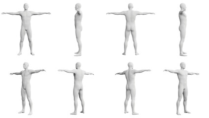 Athletic Young Man Standing T-Pose, multiple views (side, front, back), 360 degrees rotation.