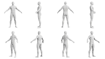 Athletic Young Man Standing with Arms Out, multiple views (side, front, back), 360 degrees rotation.