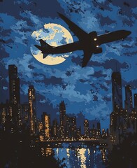 Realistic pop-art illustration of a plane in the night sky above a city, dark color palette. From...