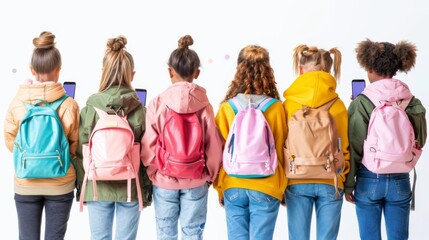 Group of teenage girls and boys holding mobile phones watching video, chatting, communication online. Technology addiction, social media concept. Gen Alpha kids. Generative ai