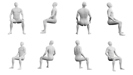 Athletic Young Man Sitting Down, multiple views (side, front, back), 360 degrees rotation. - obrazy, fototapety, plakaty