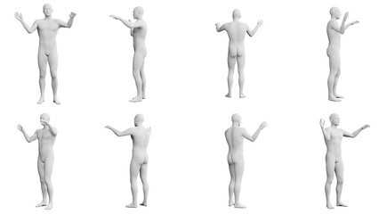 Athletic Young Man Gesturing with Hands, multiple views (side, front, back), 360 degrees rotation. - obrazy, fototapety, plakaty