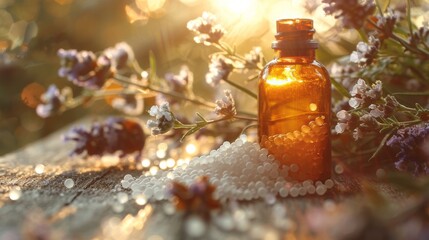 Bottles with homeopathic globules and herbs on natural blurred background. Alternative medicine practices concept. Healthy life. Generative ai