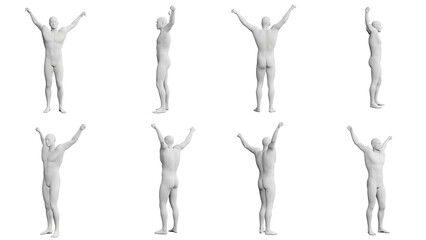Athletic Young Man Raising Arms in Victory, multiple views (side, front, back), 360 degrees rotation. - obrazy, fototapety, plakaty