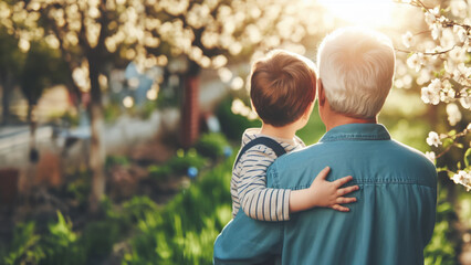 The warmth of a shared glance between a grandparent and child contrasts with the fresh spring blossoms, symbolizing the renewal of life and the continuity of family ties - obrazy, fototapety, plakaty