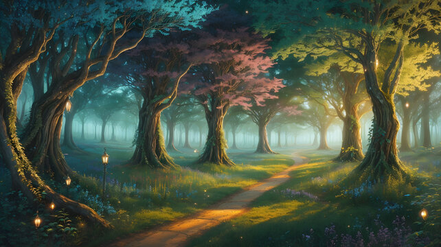 A serene atmosphere dominates this image of a magical, foggy forest with a charming path and lanterns guiding the way