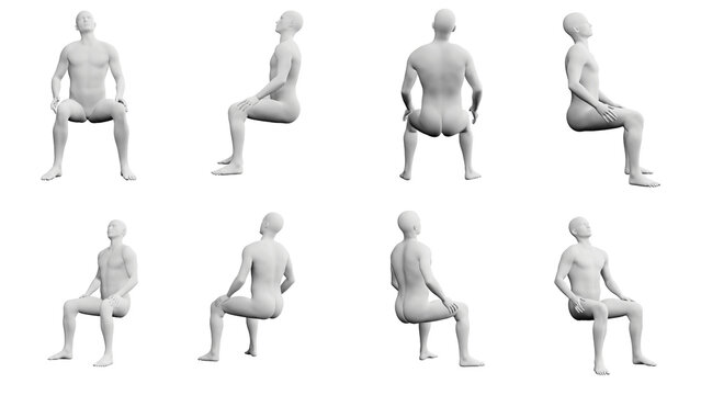 Athletic Young Man Sitting Down, multiple views (side, front, back), 360 degrees rotation.