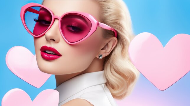 Young woman with blonde hair, pink sunglasses, retro makeup, blue background, concept, portrait, banner, copy space