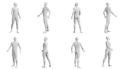 Athletic Young Man Standing and Looking Over Shoulder, multiple views (side, front, back), 360 degrees rotation.