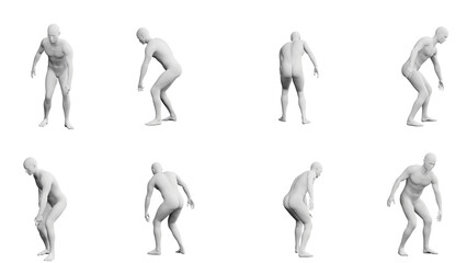 Athletic Young Man Bending or Leaning to Pick From Floor, multiple views (side, front, back), 360 degrees rotation.