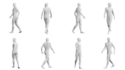 Athletic Young Man Walking and Looking Back over Shoulder, multiple views (side, front, back), 360 degrees rotation.